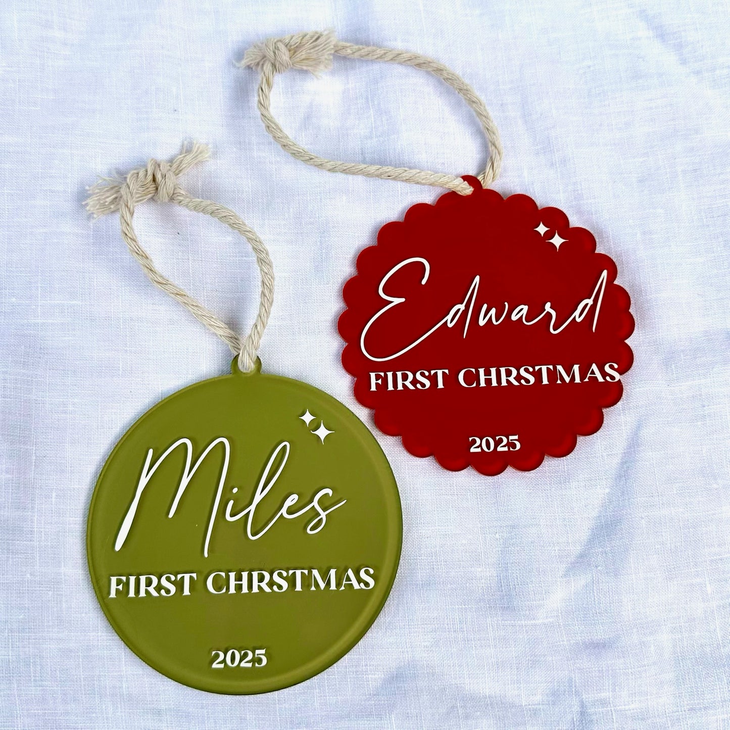 Personalised 'First Christmas' Ornament - Round or Scalloped Edge
